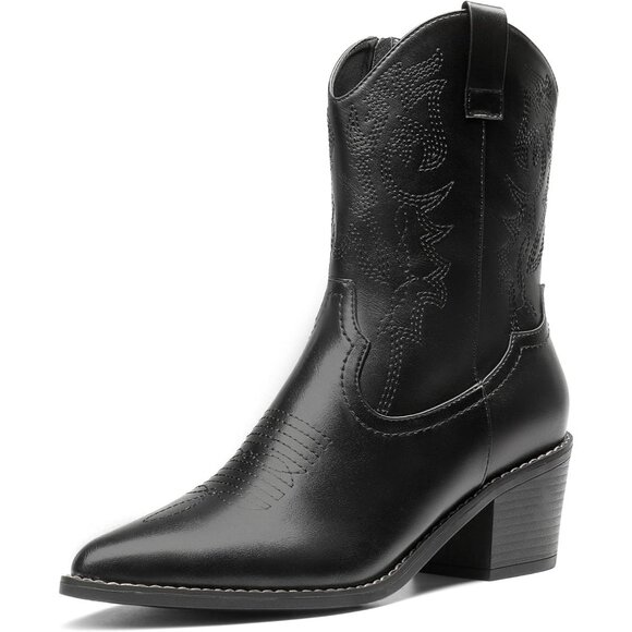 🆕Women  Black PU Cowboy Boots Pointed Toe Chunky Heel Western Ankle Booties - Picture 1 of 5